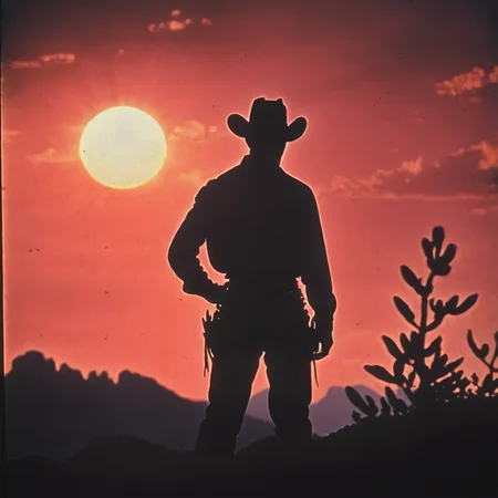 <lora:40s_Western_MovieSDXL:1> ArsMovieStill, movie still from a 1940s western movie, The image shows a man in a cowboy hat standing on top of a hill surrounded by a few plants and mountains in the background with the sun setting in the sky., silhouette, hat, Man, solo, male focus, sky, sunset, tree, outdoors, cloud