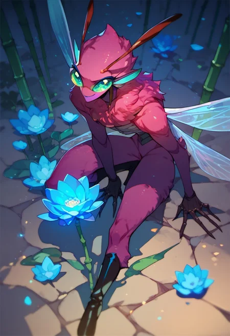 score_9, score_8_up, score_7_up, score_6_up, dark faerie, flying at night, beautiful face with insect eyes, heavy black boots, highly detailed, blue lotus blossom, bamboo, insect wings, monster boy, cyan and magenta, colored skin, soft fur
