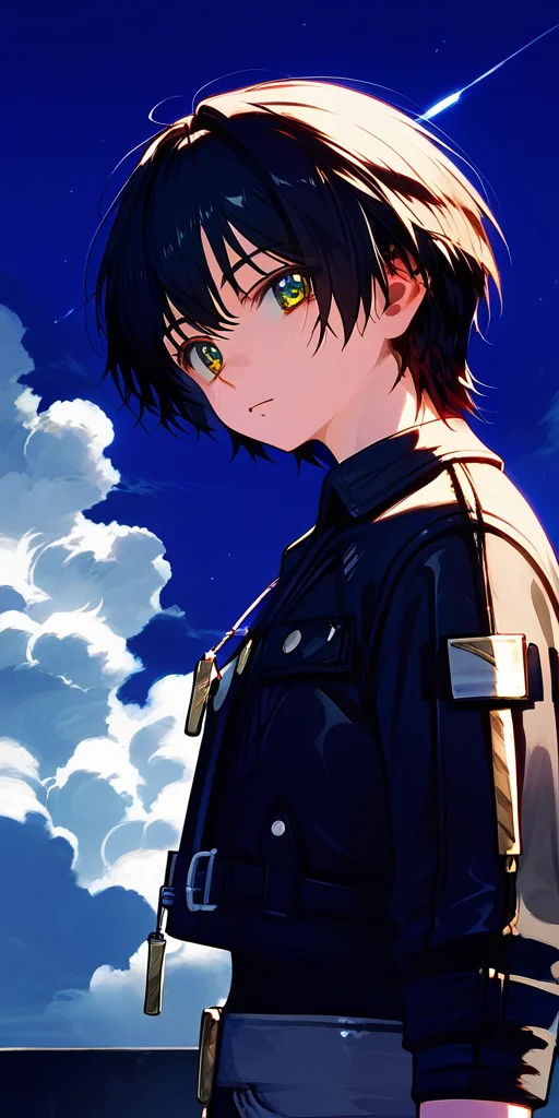 score_9,score_8_up,score_7_up,detailed face,1girl,black hair,short hair,pants,yellow eyes,long sleeves,from side,looking at viewer,cloud,green eyes,blue eyes,jewelry,jacket,night sky,key,dog tags,upper body,<lora:鸣潮ç·ä¸»Wuthering_Waves_Male_leading_role:1>,