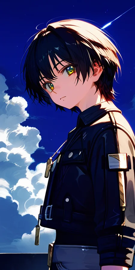 score_9,score_8_up,score_7_up,detailed face,1girl,black hair,short hair,pants,yellow eyes,long sleeves,from side,looking at viewer,cloud,green eyes,blue eyes,jewelry,jacket,night sky,key,dog tags,upper body,<lora:鸣潮ç·ä¸»Wuthering_Waves_Male_leading_role:1>,