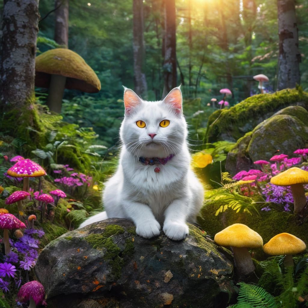 A white catgirl with glowing yellow eyes sits on a rock in a forest. The rock is surrounded by giant mushrooms and brightly colored flowers. The cat is surrounded by an aura of magical light