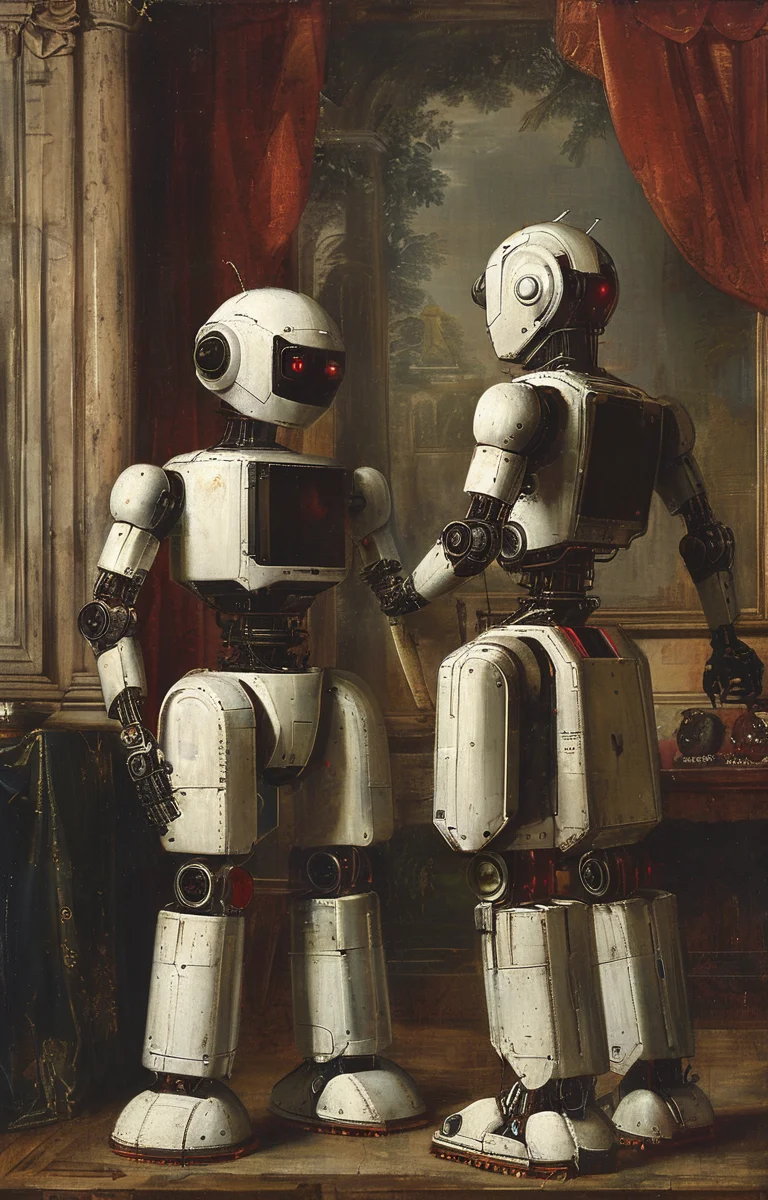 masterpiece,best quality,<lora:tbh195-sdxl:0.9>,illustration,style of Titian, portrait of Housework robots
