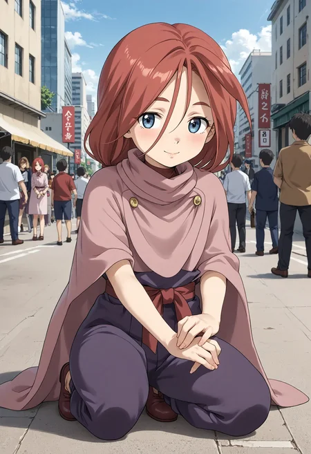 <lora:Hyper-SDXL-8steps-lora:1> <lora:Fixhands_anime_bdsqlsz_V1:1> zPDXL2, score_9, score_8_up, score_7_up, source_anime, intricate details, perfect anatomy BREAK
outdoors, city, tokyo, japan, audience, crowd, on one knee, hand on ground, elbow on knee, looking at viewer, Flirty, A playful smile, arched eyebrows, and a slightly tilted head., 1girl, solo, solo focus, 
<lora:GAGE-lu_anon_XL(pony)v10:1> GAGE-lu, red hair, medium hair, low ponytail, grey eyes, GAGE-lu outfit, pink capelet, brown shirt, purple pants, brown shoes,