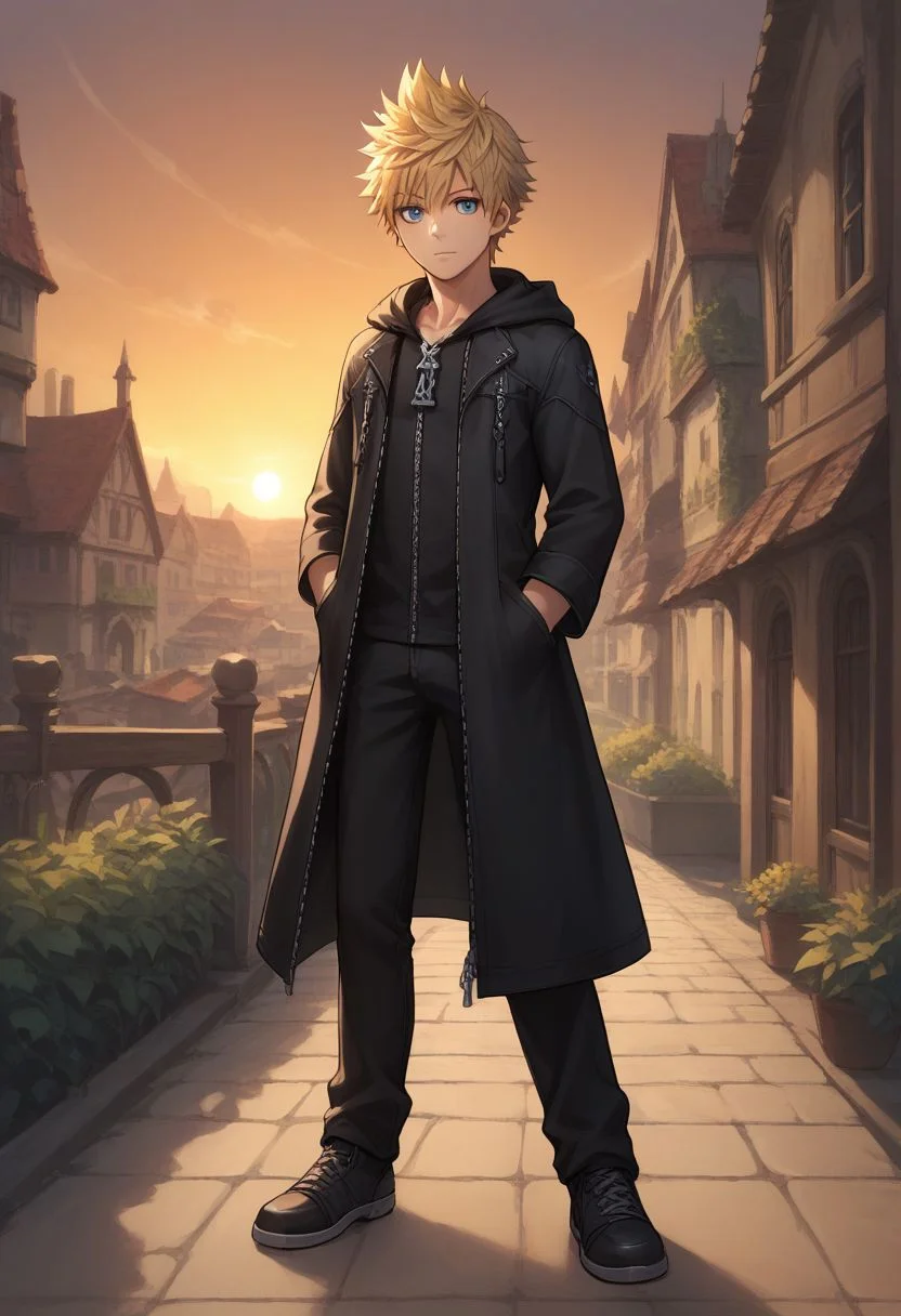 score_9, score_8_up, source_anime, highly detailed, 1boy, solo, male_focus slender, skinny, 
roxas, solo, male focus, 1boy, blue eyes, blonde hair, zipper, gloves, spiked hair, full body, black footwear, hood, hood up, black coat, standing,
outdoor, village, sunset,
