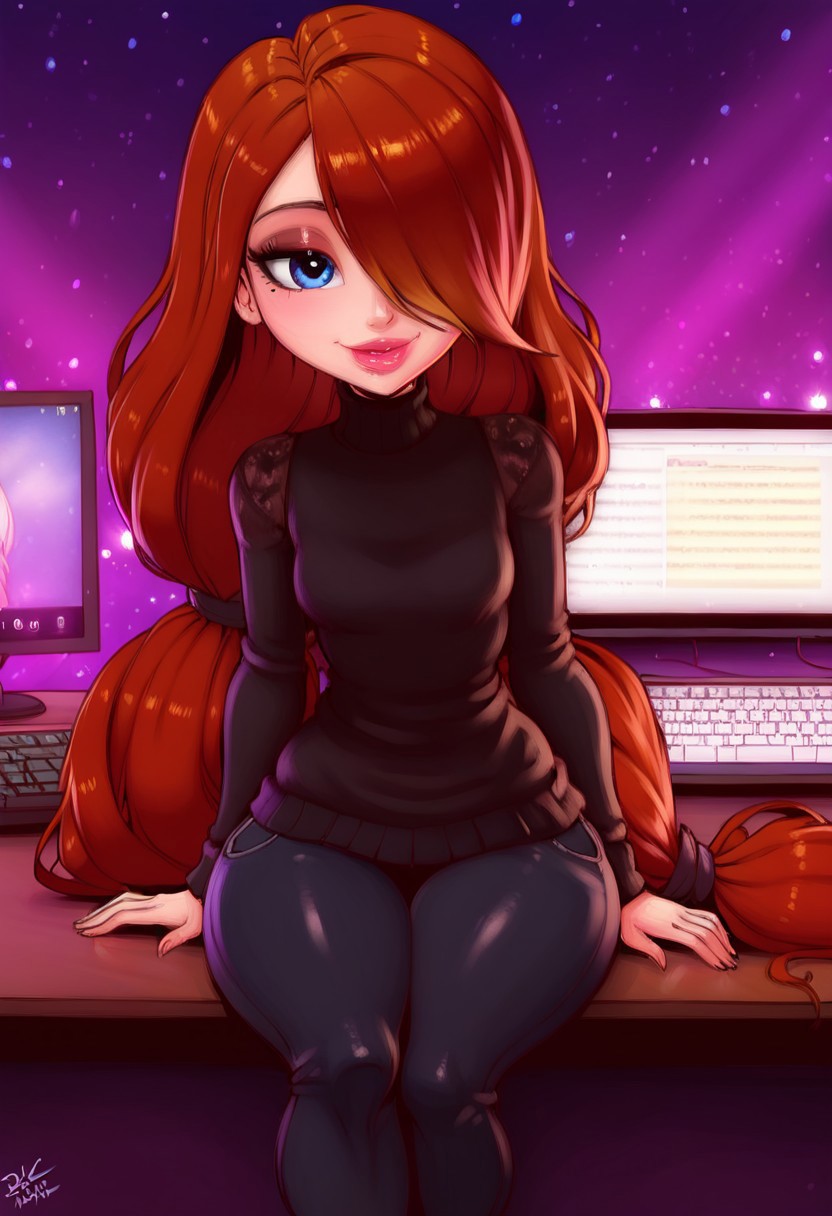 score_9, score_8_up, score_7_up, beautiful girl, thin,detailed background, girl in nightclub dancing, nightclub, beautiful eyes,
(1girl, solo, masterpiece, 8k, HDR,),  
character concept art of a beautiful woman sitting in a chair at her work desk, computer, computer screen, keyboard, extremely sexy, seductive, smile, happy expression, luscious lips,
imtdjulekac, hair over one eye, makeup, lipstick, ginger hair, blue eyes, very long hair, hair tied low ponytail, black sweater with turtleneck, loose black pants, black heeled ankle boot, 
(small breasts, big hips, looking at the screen),
(background work place)
easynegative, negative_hand, Expressiveh, good_hands,