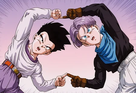 masterpiece,best quality,amazing quality,very aesthetic,absurdres,newest, highres,very awa, <lora:Fusion_Dance_illustriousXL-000011:1>, 2boys, fusion dance, fingers together, index finger raised, index finger together, index contact, symmetry, symmetrical pose, emphasis lines, gradient background,
<lora:checkpoint-e30_s630:1>, 1boy, GTGoten, spiked hair, tilted hair, black hair, white shirt, long sleeves, white long sleeved shirt, purple t shirt underneath, lavender chino pants, leaning to the side, open mouth, serious,
<lora:checkpoint-e39_s546:1>, 1boy, GTTrunks, purple hair, blue eyes, blue bandana around neck, black long sleeved shirt, brown gloves, shorts, white shorts, leaning to the side, open mouth, serious,
