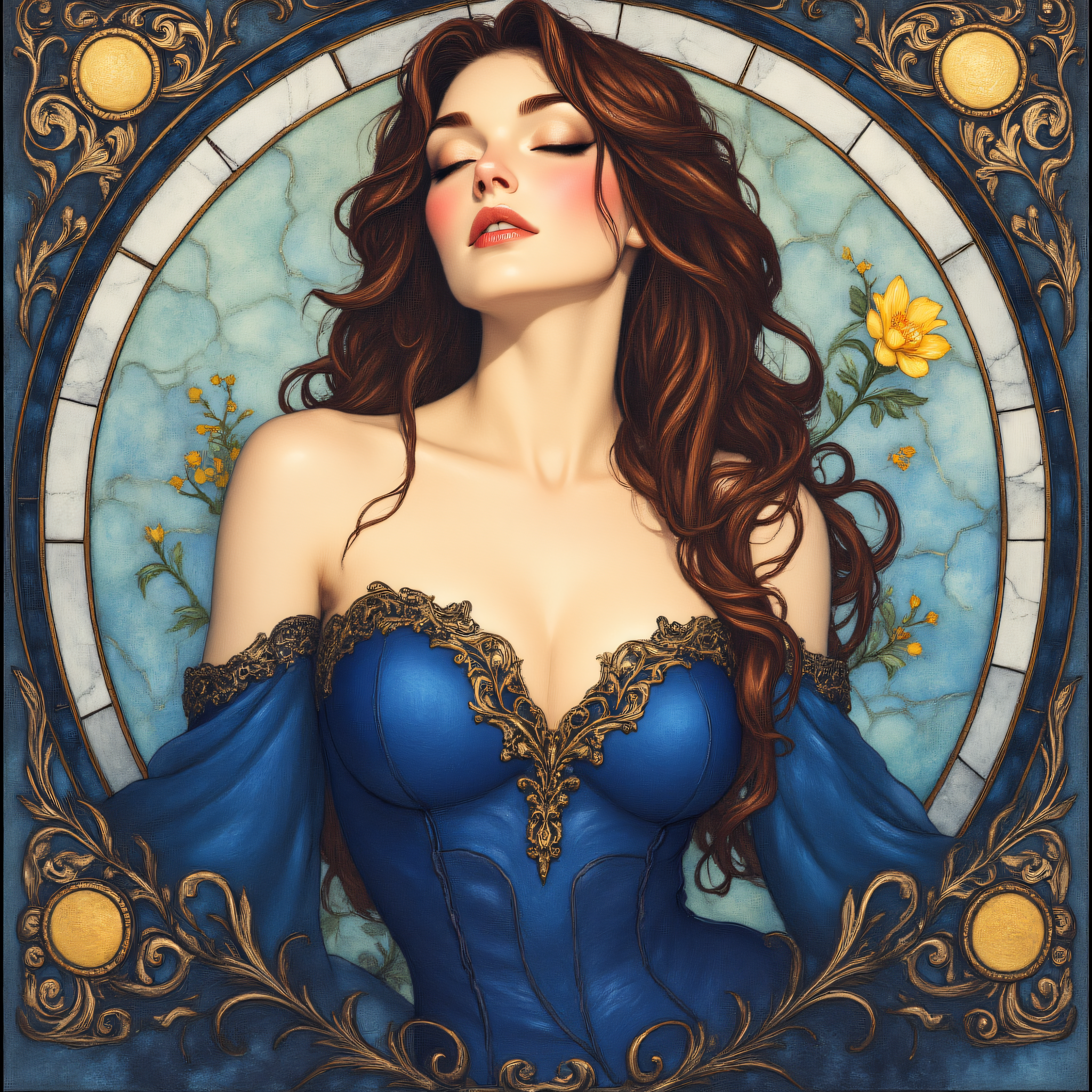 ArsMJStyle, art nouveau,, The image shows a painting of a woman in a blue dress with a flower in her hand surrounded by a frame. Her face is clearly visible with her eyes closed and her lips slightly parted. Her hair is long and wavy and her dress is a deep blue color. The flower she is holding is a bright yellow and the frame is a light blue., 1girl, solo, long hair, flower, brown hair, breasts, closed eyes, cleavage, art nouveau, bare shoulders