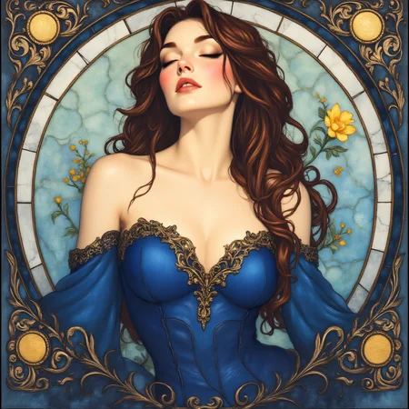 ArsMJStyle, art nouveau,, The image shows a painting of a woman in a blue dress with a flower in her hand surrounded by a frame. Her face is clearly visible with her eyes closed and her lips slightly parted. Her hair is long and wavy and her dress is a deep blue color. The flower she is holding is a bright yellow and the frame is a light blue., 1girl, solo, long hair, flower, brown hair, breasts, closed eyes, cleavage, art nouveau, bare shoulders