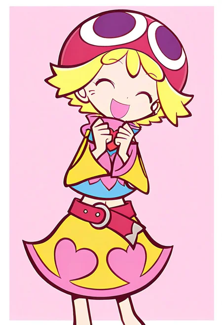 (deformed), adult, (best quality, 8K, masterpiece), best illustration, amazing, (detailed skin), puyopuyo, puyopuyo 7, amitie (puyopuyo), (mega amitie, deka amitie), 1girl, blonde hair, flipped hair, green eyes, light blue shirt have yellow sleeves, pink heart on shirt, hat, looking at viewer, open mouth, red hat, short bangs, short hair, skirt, simple background, smile, happy, eyes closed (Happy), solo, swept bangs, white background, yellow skirt, pink hearts on yellow skirt, midriff, pink scarf, Valentine day, pink background