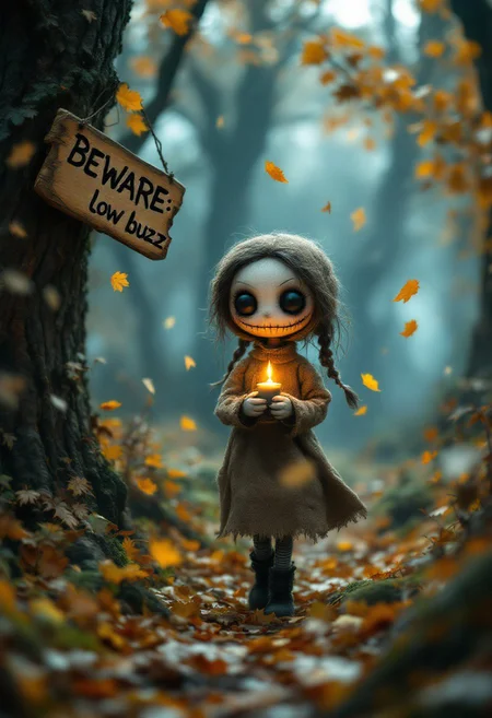 Against a mystical backdrop of swirling mist and autumn's descent into darkness, an Austrian Burlap Doll girl with large black button eyes and head crafted from jute material and a sinister grin emerges, her gaze illuminated only by the soft, flickering glow of a candle held delicately in her hand. As she walks through the eerie forest, leaves fall around her like golden confetti, carpeting the ground with a crunchy rustle. The atmosphere is both whimsical and unsettling, as if the very forest itself holds secrets and whispers tales to this enigmatic doll. Rough carved wooden sign attached to a tree that reads "BEWARE: low buzz" like a sinister warning.