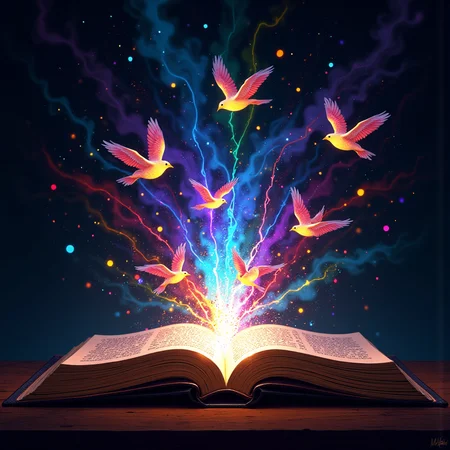 There is an open book on the table. A colorful magical light shines of the center of the book. Birds fly out of the center of the book in different directions.
<lora:FluxMythP0rtr4itStyle:1> mythp0rt.