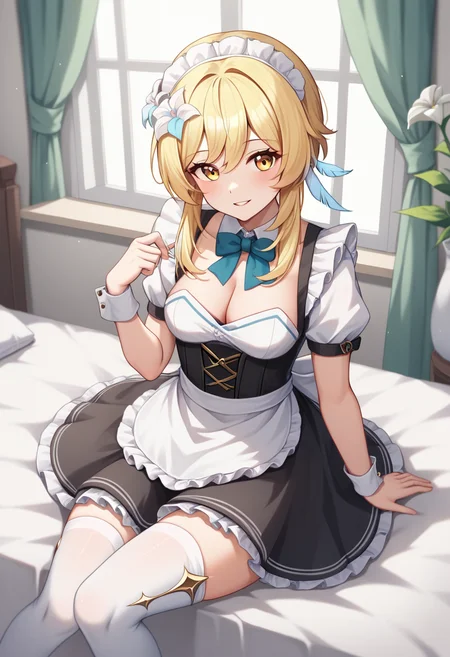score_9,score_8_up,score_7_up,<lora:genshin_v4:0.8>,1girl, lumine_\(genshin_impact\), maid_headdress, maid_apron, solo, sitting, smile, short_hair_with_long_locks, sidelocks, cleavage, enmaided, zettai_ryouiki, highres, absurdres, white_thighhighs, blue_bowtie, white_flower, detached_collar, nasii, commentary_request, white_collar, hair_flower, parted_lips, short_sleeves, black_dress, frilled_dress, looking_at_viewer, white_apron