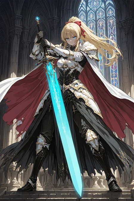 1girl,
white armor, blonde hair, blue eyes, long hair, ponytail, black dress, white sleeves, red ribbon, black gloves, black boots, holding sword, glowing sword, blue glow, gothic architecture, stained glass window, cathedral, dynamic pose, action, fantasy, detailed background, intricate design, dramatic lighting, high contrast, dark colors, light blue accents, intricate patterns, flowing dress, fantasy setting, intense expression, powerful stance, ethereal atmosphere, detailed textures, vibrant colors illustrious style, holding, glowing weapon, blue theme, weapon, goth fashion, architecture, solo, hair ribbon, sword, gloves, ribbon, glowing, holding weapon,
A female character in a fantasy setting. she is wearing a black and white outfit with a cape that is flowing in the wind. the character has long blonde hair and blue eyes, and is holding a sword in her right hand. she appears to be flying through the air with a determined expression on her face. the background of the image is filled with intricate patterns and designs in shades of blue, purple, and pink. there are also several large, ornate structures that appear to be made up of triangles and crystals. the structures are arranged in a way that creates a sense of depth and dimension, and they are overlapping each other, creating an illusion of depth. the overall effect is one of power and strength.
<lora:hina_MixArmor_x215c:0.9>