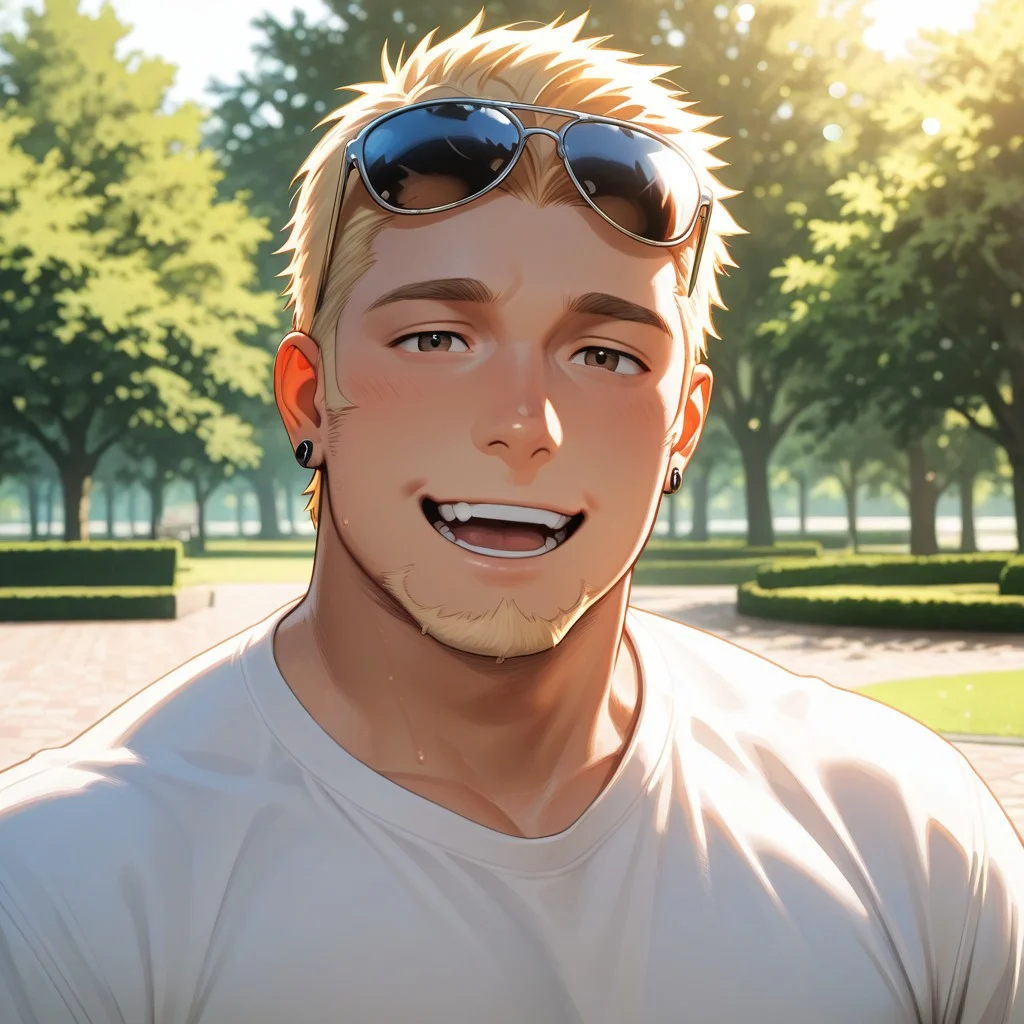 masterpiece, best quality, amazing quality, absurdres, newest, detailed background, definition so sharp, Ultra-HD, 8K cinematic, very awa, impressionate, amazing quality, highres,
solo, male focus, manly,
1boy, short hair, goatee, chubby, rikio_blonde, rikio_brown eyes, rikiokamamoto, sunglasses \(on head\), earrings, sideburns, simple t-shirt, bright lighting, park, sunny day, soft bokeh, gentle, kind eyes, inviting, friendly, joyful, looking at viewer, open mouth smile,
