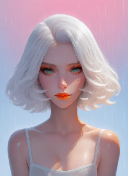 artist:, masterpiece, best quality, newest, very awa, absurdres, highres, sfw, dprd, 1girl, orange lips, green eyes, white hair, Short Spiky  with Taper Fade hair, clothed, dress, looking at viewer, daytime, rain, blue sky, pink sky, detailed, <lora:DeepRed-Style:1.0>