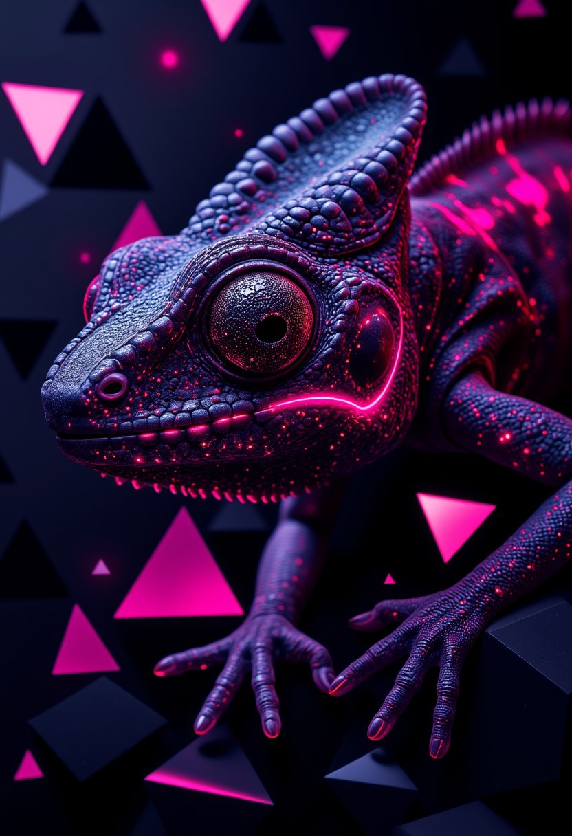 aidmaGlow A hyper-detailed, close-up image of a chameleon with alternating black and neon glowing pink scales. Its skin texture should be incredibly lifelike, with slight reflections on the scales as if illuminated by soft light from the side. The chameleon's eye is prominent, glossy, and round, with a deep black pupil surrounded by vibrant pink irises. The background consists of angular geometric shapes in shades of black and dark grey, creating sharp contrast against the pink elements. Some shapes are outlined in neon pink to match the chameleon's color scheme. Triangles and hexagons dominate the patterns, arranged in an abstract yet organized manner. The chameleon's body subtly shifts into these geometric forms as if it is camouflaging itself into this artificial environment. The blending effect where its limbs meet the background should be seamless but still hint at the natural textures of its skin merging with flat geometrical lines. Lighting should come from above and slightly to the left, casting faint shadows on both the creature and its surroundings for depth while enhancing contrast between bright pink highlights and deep blacks detailmaximizer
