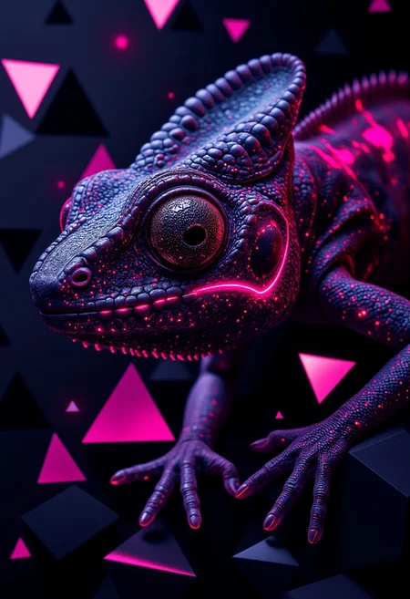 aidmaGlow A hyper-detailed, close-up image of a chameleon with alternating black and neon glowing pink scales. Its skin texture should be incredibly lifelike, with slight reflections on the scales as if illuminated by soft light from the side. The chameleon's eye is prominent, glossy, and round, with a deep black pupil surrounded by vibrant pink irises. The background consists of angular geometric shapes in shades of black and dark grey, creating sharp contrast against the pink elements. Some shapes are outlined in neon pink to match the chameleon's color scheme. Triangles and hexagons dominate the patterns, arranged in an abstract yet organized manner. The chameleon's body subtly shifts into these geometric forms as if it is camouflaging itself into this artificial environment. The blending effect where its limbs meet the background should be seamless but still hint at the natural textures of its skin merging with flat geometrical lines. Lighting should come from above and slightly to the left, casting faint shadows on both the creature and its surroundings for depth while enhancing contrast between bright pink highlights and deep blacks detailmaximizer