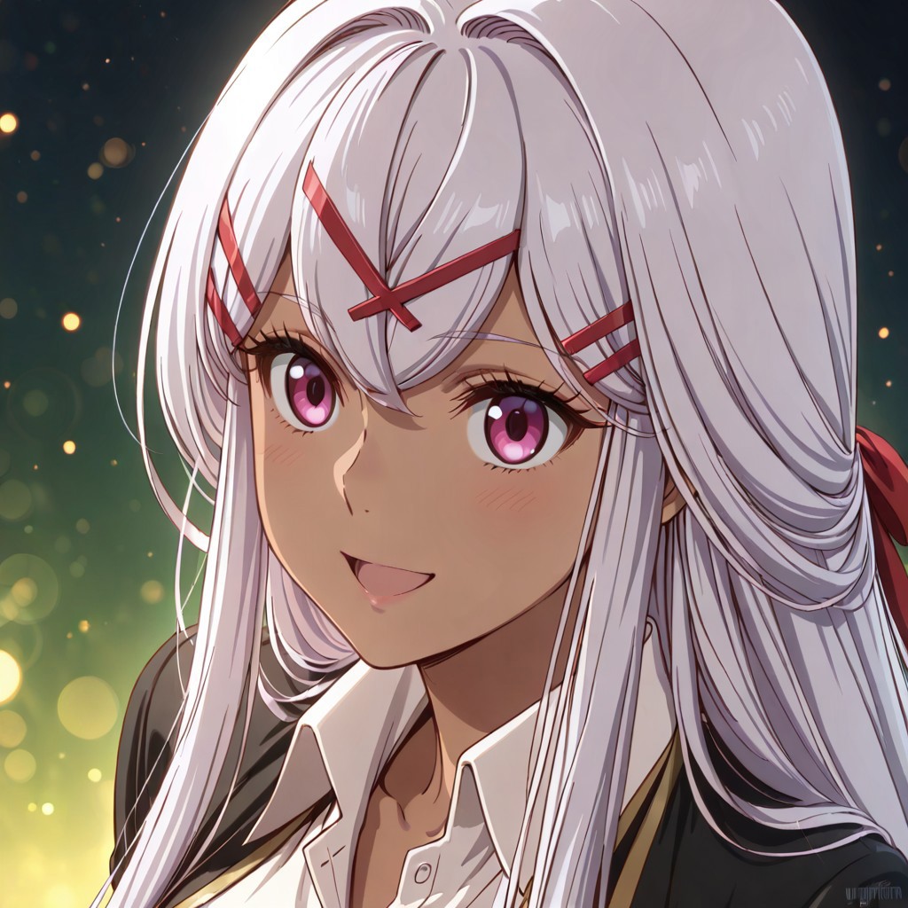 score_9, score_8_up, score_7_up, dynamic view, eye_focus, solo, looking_at_viewer, 1girl, 
masterpiece, best quality, bokeh, luminescent background,
(yulishia,  dark-skinned female, white hair, long hair, hair between eyes, bangs,  purple eyes, hair ornament, hairclip, x hair ornament, hair ribbon, red ribbon, medium breasts,   black jacked, white shirt, collared shirt, wing collar, long sleevs, red dress,  dress skirt, red skirt, black thighhighs, brown boots, scabbard, sword in scabbard, sword,
 ),
portrait, happy,