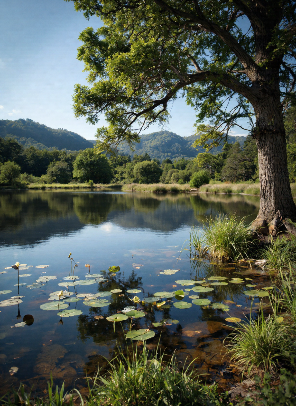 The image depicts a serene and picturesque natural landscape. In the foreground, there is a calm body of water, likely a lake or a pond, which reflects the surrounding scenery like a mirror. The water is adorned with numerous lily pads and a few tall reeds, adding to the tranquil atmosphere. On the right side of the image, there is a large tree with a thick trunk and lush green foliage. The tree's branches extend outward, providing shade and contributing to the overall sense of peace and natural beauty. The sunlight filters through the leaves, casting a warm glow on the tree and the surrounding grass. In the background, there is a dense forest with a variety of trees, their leaves a vibrant green. The forest extends into the distance, where it meets a range of hills or mountains under a clear blue sky. The sky is bright and clear, suggesting a sunny day. The entire scene is bathed in soft, natural light, enhancing the colors and details of the landscape. The image exudes a sense of calm and tranquility, inviting the viewer to immerse themselves in the beauty of nature.