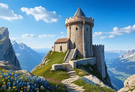 a crusader watchtower on a (tall rock spire), (13th Century:1.5), a stairway to the keep, doorway, very wide shot, far out shot, fantasy, blue sky, alpine meadow flowers, best quality, masterpiece, realistic, photo-realistic, amazing, finely detail, ultra-detailed, highres, extremely detailed, 8k wallpaper
