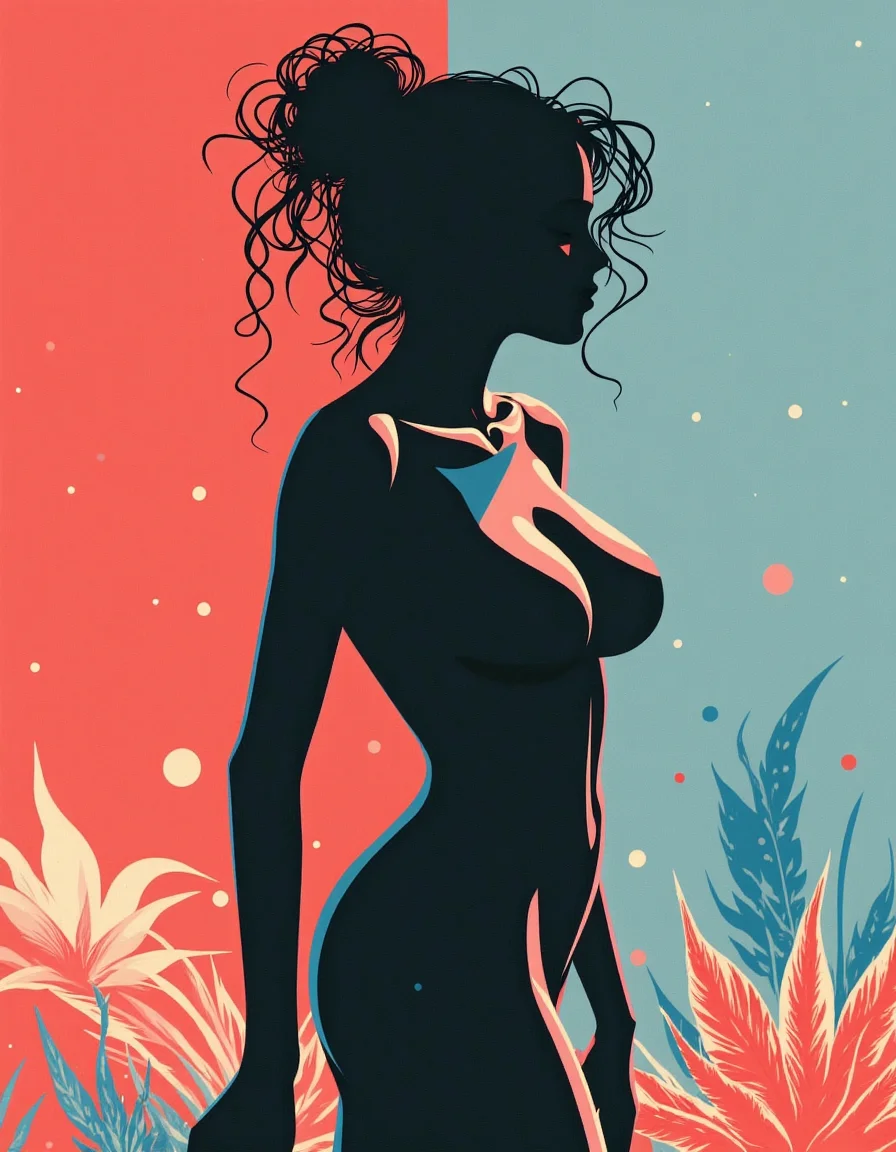 A digital illustration in minimalistic style about the side silhouette of a naked woman with hair bun and large breasts and huge hard nipples over a colorful background.