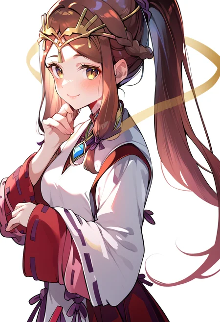 (score_9:0.9),score_8_up,score_7_up,anime style,rating_safe,(zPDXL),<lora:XB2 Lora and Haze ponyXL v1:0.77>,long sleeves,miko costume,red hakama skirt,1girl,solo,smile,blush,looking at viewer,simple background,upper body,white background,sidelocks,from side,closed mouth,high ponytail,hand on own chin,