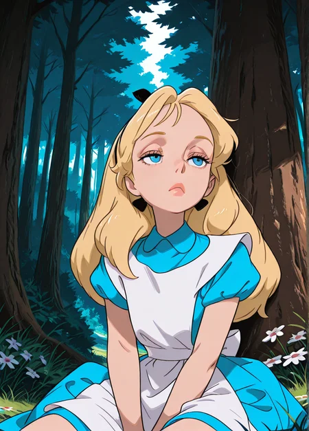 masterpiece, best quality, amazing quality, very aesthetic, absurdres, newest, 4k, 8k, dynamic angle, official style, (jaggy lines, sugimorixd:1.2), outdoors, forest, flowers, grass, sitting, looking at viewer,
alicexd, 1girl, solo, blonde hair, long hair, hairbow, blue dress, white apron, bow, white thighs, lips, blue eyes,
bored,
<lora:Expression_Detailer_Illustrious_Lora:0.85>, <lora:sugimoi:1>, <lora:Alice_-_Disney_Illustrious:1>