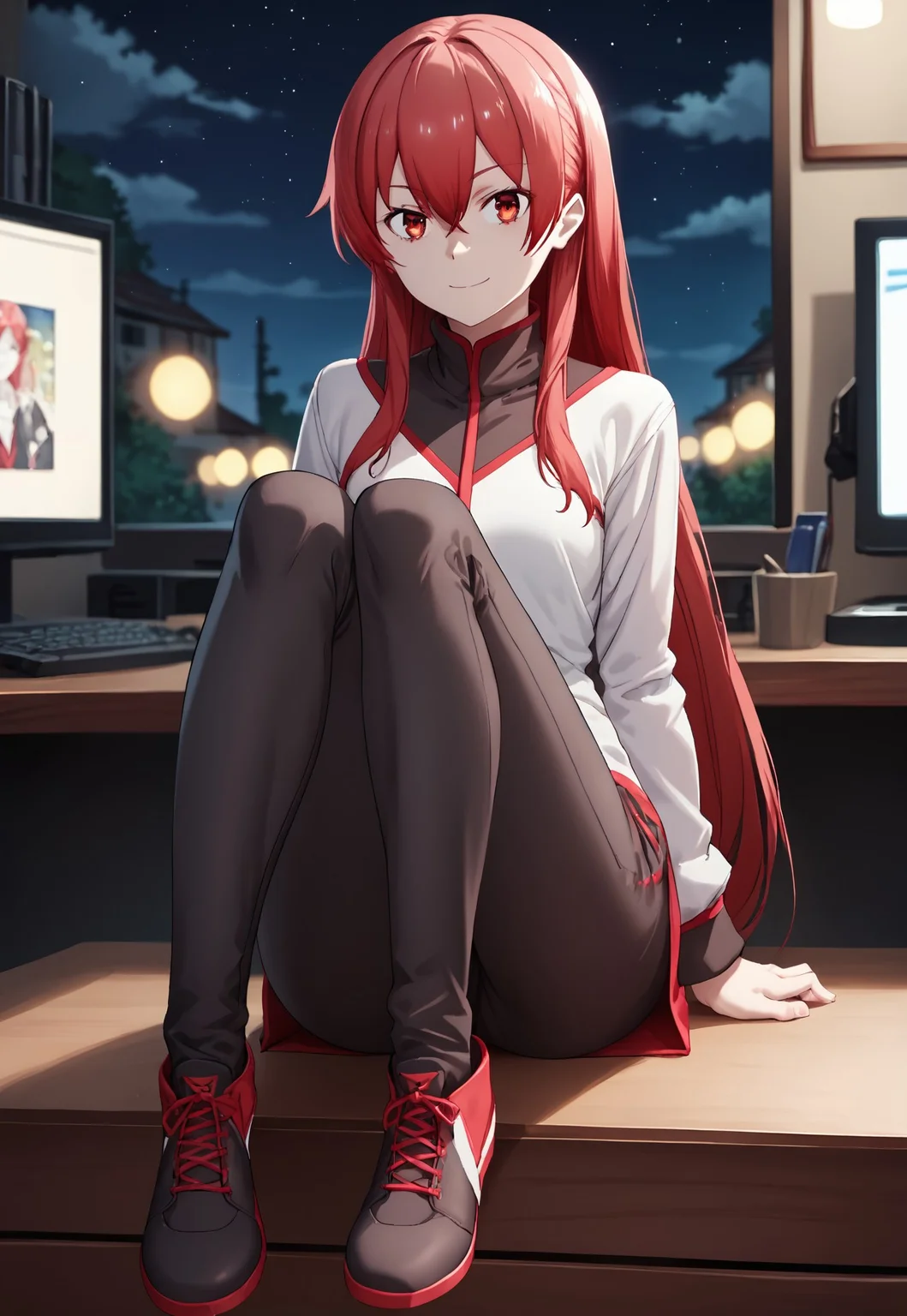 score_9, score_8_up, score_7_up, source_anime, looking at viewer, depth of field, 1girl, 18 year old, solo, red hair, red eyes, long hair, hair between eyes, bangs, night, light smile, red eyeframe, full body shot, sitting infont of desktop, working, gaming bedroom, PC,