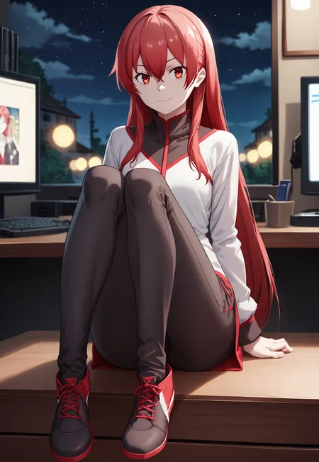 score_9, score_8_up, score_7_up, source_anime, looking at viewer, depth of field, 1girl, 18 year old, solo, red hair, red eyes, long hair, hair between eyes, bangs, night, light smile, red eyeframe, full body shot, sitting infont of desktop, working, gaming bedroom, PC,