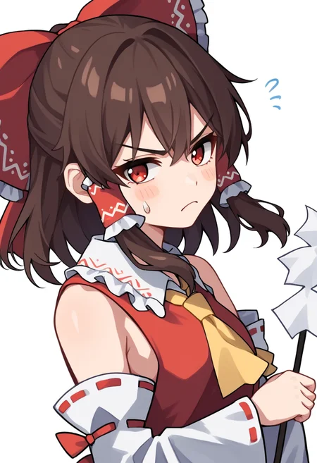 score_9,score_8_up,score_7_up,<lora:touhou_146:1>,1girl, ascot, bare_shoulders, blunt_ends, blush_stickers, bow, brown_hair, closed_mouth, commentary, crossed_arms, detached_sleeves, frilled_hair_tubes, frilled_shirt_collar, frills, from_side, frown, gohei, hair_bow, hair_tubes, hakurei_reimu, highres, holding, holding_gohei, huge_bow, long_sleeves, looking_at_viewer, medium_hair, nontraditional_miko, parted_bangs, photo_\(medium\), red_bow, red_eyes, red_shirt, shikishi, shirt, sidelocks, simple_background, sleeveless, sleeveless_shirt, solo, sweatdrop, symbol-only_commentary, traditional_media, tsurime, upper_body, v-shaped_eyebrows, white_background, white_sleeves, yellow_ascot