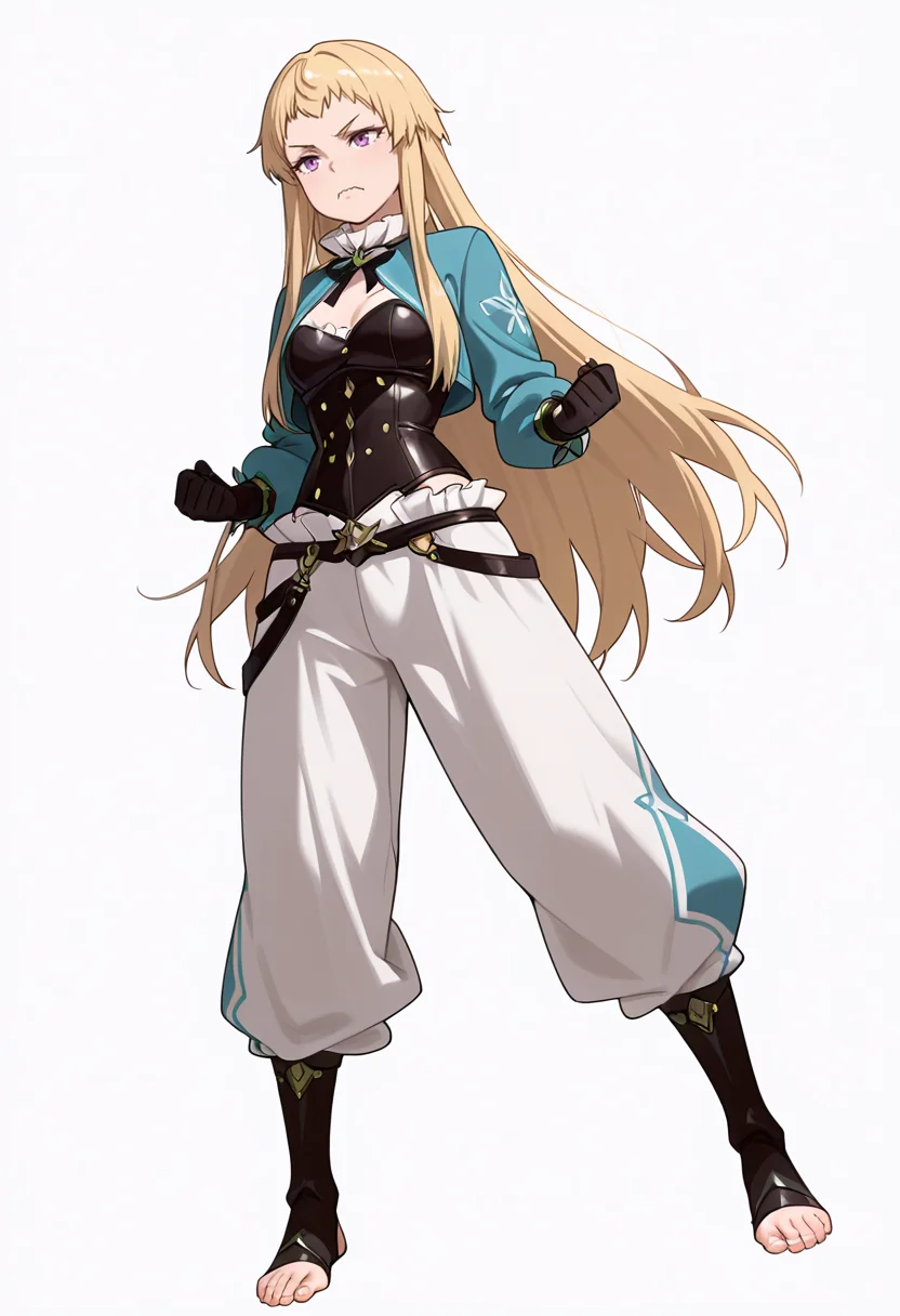 Smooth Quality,masterpiece,very intricate, high quality details, ultra realistic, high detailed skin,detailed enviorement,absurdres,
simple background, white background,solo,
standing pose, arms akimbo, feet slightly apart, determined expression, balanced posture, ,dynamic angle,wavy mouth,frown,
bustier, ,cropped jacket, ,loose pants, ,
<lora:Mariabell_Rosso_cnn:0.8> maricnn,1girl, long hair, blonde hair, purple eyes, frown, very long hair,