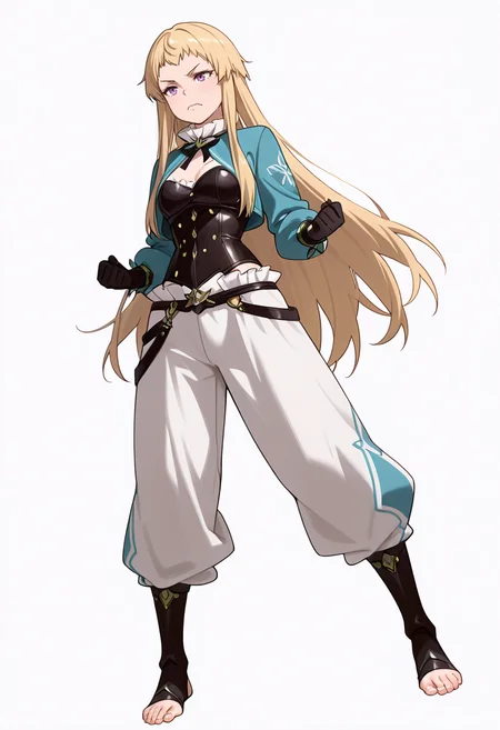 Smooth Quality,masterpiece,very intricate, high quality details, ultra realistic, high detailed skin,detailed enviorement,absurdres,
simple background, white background,solo,
standing pose, arms akimbo, feet slightly apart, determined expression, balanced posture,  ,dynamic angle,wavy mouth,frown, 
bustier,  ,cropped jacket, ,loose pants, , 
<lora:Mariabell_Rosso_cnn:0.8> maricnn,1girl, long hair, blonde hair, purple eyes, frown, very long hair,