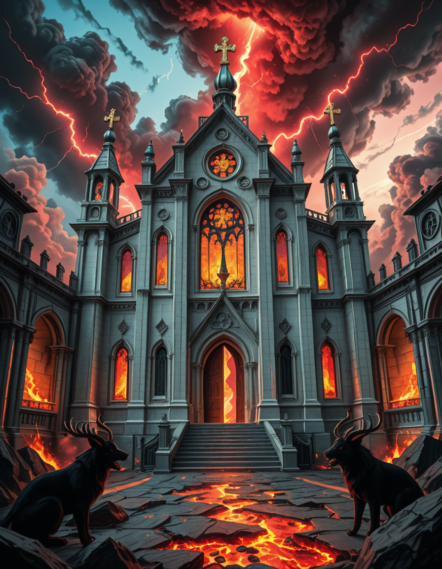 A once-majestic celestial temple, now under siege by the forces of Hell. The grand white stone structure is cracked and scorched, its golden crosses twisted and broken. The stained-glass windows, once glowing with warm divine light, are now shattered, with demonic symbols glowing ominously in their place. The sky, once a serene blue, is now consumed by dark storm clouds, swirling with red lightning and thick smoke.
Black, jagged chains extend from the sky, wrapping around the temple as if trying to pull it down into the abyss. The once-fluffy clouds beneath the structure are now a chaotic mix of fire, ash, and dark mist, with glimpses of molten lava cracks below. Infernal creatures with glowing red eyes lurk in the shadows, their silhouettes barely visible through the smoke and fire.
The temple doors are blown open, revealing an eerie red glow emanating from within, as if Hell itself is consuming the sacred space. Massive demonic runes are etched into the stone, pulsating with an unholy energy. The entire scene is bathed in a deep crimson and orange glow, giving it an apocalyptic and nightmarish atmosphere.
Style & Lighting:
- Dark fantasy, highly detailed
- Dramatic, high-contrast lighting with fiery glows
- Cinematic composition, epic scale
- Strong use of shadows, embers, and atmospheric foghighly detailed and atmospheric view from inside a massive birdcage, large enough for a human to stand inside. The cage is made of ornate, aged metal bars with intricate Victorian-style patterns, curving elegantly towards the domed ceiling. Sunlight filters through the gaps between the bars, casting long, dramatic shadows on the wooden floor. Delicate vines and small flowers have begun to grow around the bars, adding a touch of nature reclaiming the space. The background beyond the cage is blurred, hinting at a lush garden or a mysterious, abandoned mansion. The ambiance is serene yet slightly melancholic, with warm golden light illuminating dust particles floating in the air. Soft feathers are scattered on the floor, adding to the sense of quiet abandonment. The perspective makes the viewer feel as if they are inside the cage, looking outward, surrounded by both beauty and confinement. The style is highly detailed and realistic, with a cinematic and slightly surreal atmosphere.
<lora:SDXLFaeTastic2400:0.4> <lora:extremely_detailed:0.4> extremely detailed, <lora:evil_celestial_t3mpl3-i:1>,evil celestial t3mpl3, Masterpiece,best quality,hi res,8k,hi res,8k,award winning,(sharp focus, intricate, highly detailed),