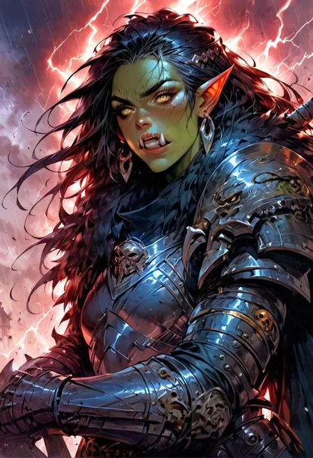 score_9, score_8_up, score_7_up, score_6_up, score_5_up, score_4_up,<lora:Fant5yP0ny:0.8>,cowboy shot, 1girl, (0rc woman), (green skin:1.3), evil paladin, (menacing woman), tall, yellow eyes, black hair, long hair, heavily armored, black breastplate, large pauldrons, chainmail, armored skirt, black metal belt, metal gauntlets, heavy armor, black fur cloak:1.3, black fur collar:1.6, weapon, solo, looking at viewer, power armor, heavy rain, red lightning aura around body, storm in background, town in background, earrings, fangs, beautifully backlit, depth of field:1.5, (indirect lighting:1.3), (high contrast shadows), (dramatic shadows across face:1.4), cinematic lighting, very muscular, plate armor, fangs, female orc, orc, red fractal clouds and lightnings