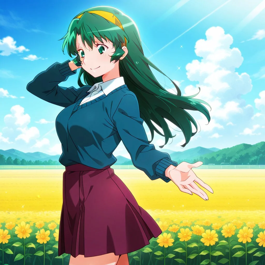 masterpiece, best quality, 1girl, solo, shouko_srm, tanakaryou(style), anime_screencap, green hair, long hair, hairband, yellow hairband, green eyes, medium breasts, blue sweater,long sleeves,white collared shirt,purple skirt,smile, closed mouth,,adjusting_hair, standing, from side, reaching toward,from side, ,cowboy_shot, outdoor, cloud sky, (field:1.2), flower fields, (blue sky:1.2),