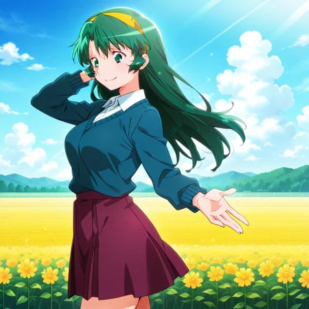 masterpiece, best quality, 1girl, solo, shouko_srm, tanakaryou(style), anime_screencap, green hair, long hair, hairband, yellow hairband, green eyes, medium breasts, blue sweater,long sleeves,white collared shirt,purple skirt,smile, closed mouth,,adjusting_hair, standing, from side, reaching toward,from side, ,cowboy_shot, outdoor, cloud sky, (field:1.2), flower fields, (blue sky:1.2),