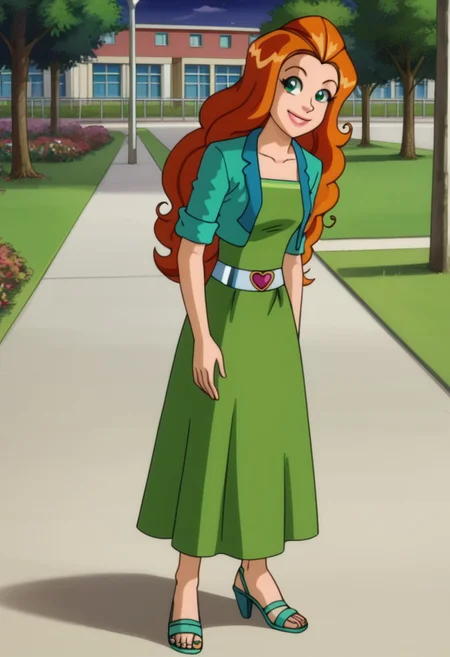 score_9,smile,v,head tilt, closed mouth,
leaning to the side, park, solo, full body, 
<lora:Totally_Spies_Sam:0.8>,1girl, orange hair, long hair, green/blu dress, long dress, red belt, waistcoat, lime green high heels, curly hair, frizzy hair, messy hair, curly hairs, big frizzy hairs, very long thick hair, happy, smile, night,
