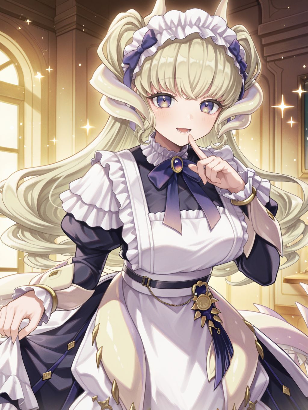 dragonmaid latys, 1girl, solo, smile, open mouth, indoors, looking at viewer, dragon girl, lifting own clothes, finger to mouth, white apron, sparkle, :d, blue maid dress, blue bow hairband
masterpiece,best quality,amazing quality,very aesthetic,absurdres,newest,<lora:Dragonmaid latys illuXL v1:0.77>,