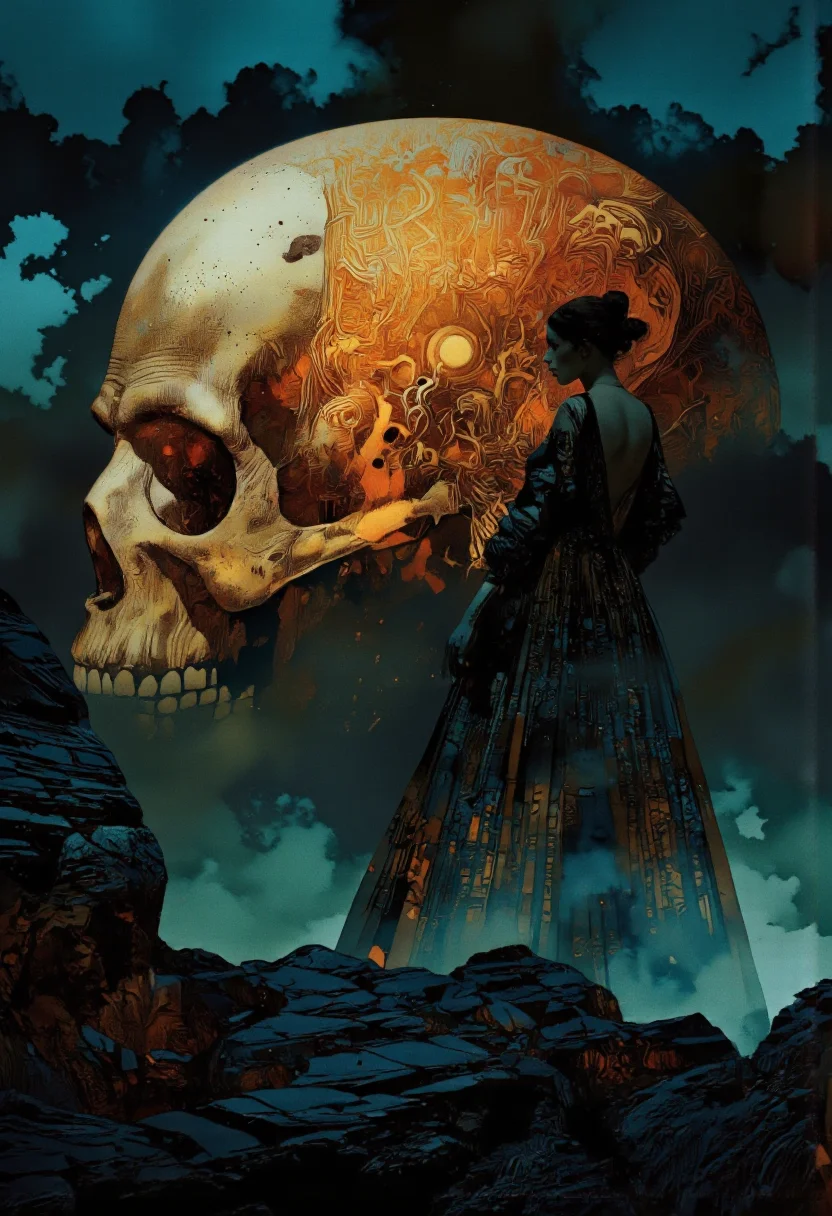 Cinematic photo. A digital illustration shoot from a profile camera angle about a silhouette of a woman standing on a rocky outcrop, facing a large, ornate, glowing skull in the background. the woman, who appears to be in her mid-twenties, is standing with her back to the viewer, wearing a long, flowing, dark dress with intricate patterns. her hair is styled in a bun, and she has a serene expression on her face. the background is a dark, cloudy sky with hints of blue and green, and the overall color palette is dark and moody, with a focus on the woman's figure and the intricate design of the skull behind her.
