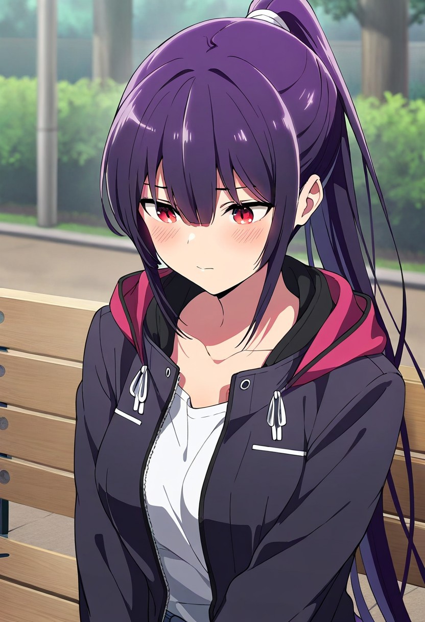 masterpiece,best quality,amazing quality, takamine takane, long hair, purple hair, red eyes, 1girl, solo, ponytail, bench, jacket, hair between eyes, closed mouth, blush, outdoors, collarbone