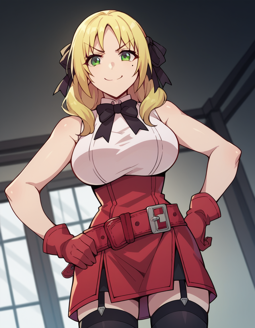 score_9, score_8_up, score_7_up, source_anime, <lora:esther-rosenthal-acc1-ponyxl-lora-nochekaiser:1>, esther rosenthal, long hair, blonde hair, green eyes, mole, mole under eye, black ribbon, black bow, hair ribbon, large breasts,, skirt, shirt, thighhighs, gloves, bow, ribbon, bare shoulders, white shirt, sleeveless, belt, black thighhighs, miniskirt, bowtie, sleeveless shirt, red skirt, garter straps, red gloves, high-waist skirt, pink gloves,, indoors, smug, smile, looking at viewer, solo, hands on hips,, cowboy shot, dutch angle