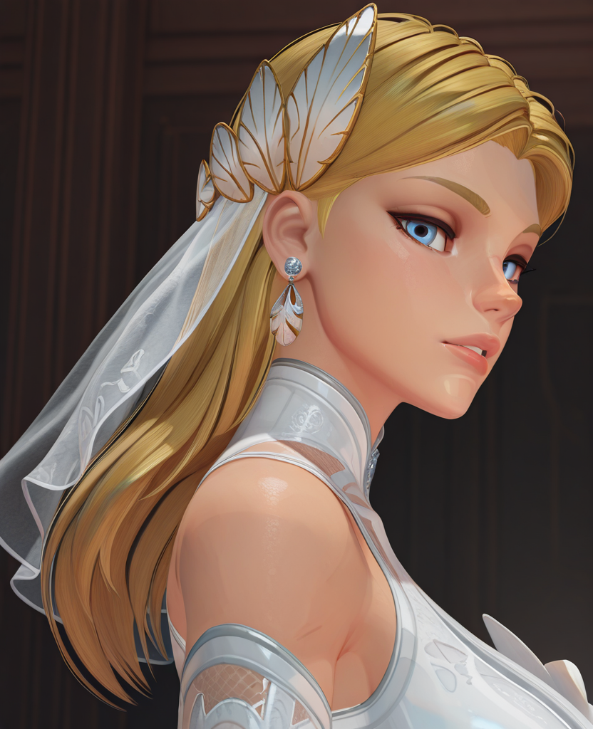 highres, absurdres,3d, <lora:Bride_invisible_woman_ILLUS_2-000008:0.8> , iv1, 1girl, blonde hair, blue eyes, long hair, bridal veil, hair ornament, elbow gloves, dress, earrings, looking at viewer, portrait, parted lips, from side,