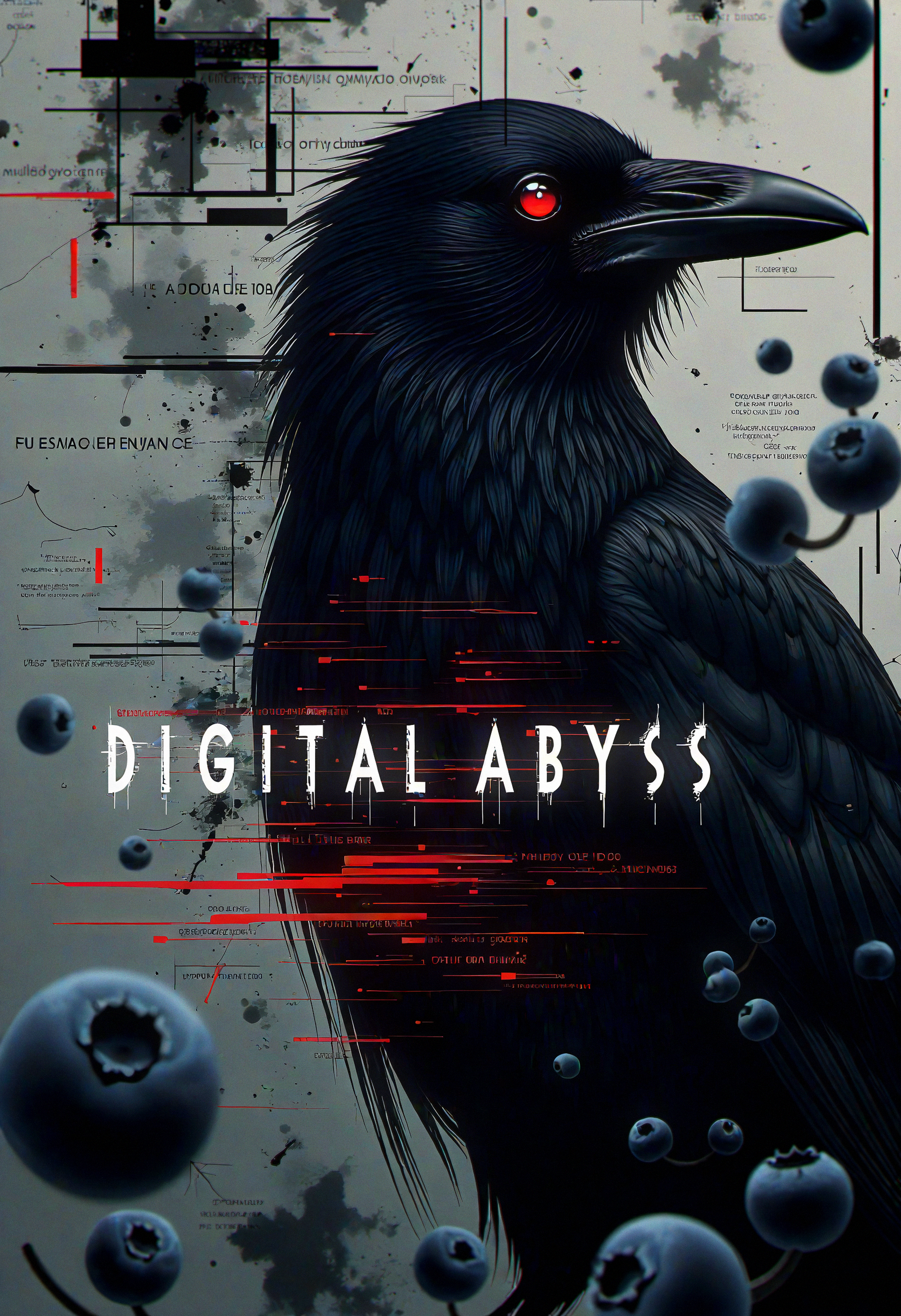 bo-abyss,  A cyberpunk portrait of a raven with sleek, glossy feathers, blending with abstract digital elements. The dark ambiance is highlighted by glitch art, fragmented texts, and data code. The raven's beak and glowing red eyes contrast against black and grey tones. Scratches and smudges enhance the dystopian mood, with blueberries in the foreground, adding a splash of color to the scene. in the middle, the phrase 'Digital Abyss' glows faintly in a glitchy, distorted font, almost as if it's part of the decaying digital environment. , <lora:Flux\boFLUX digital-abyss.safetensors:1.0:1.0>