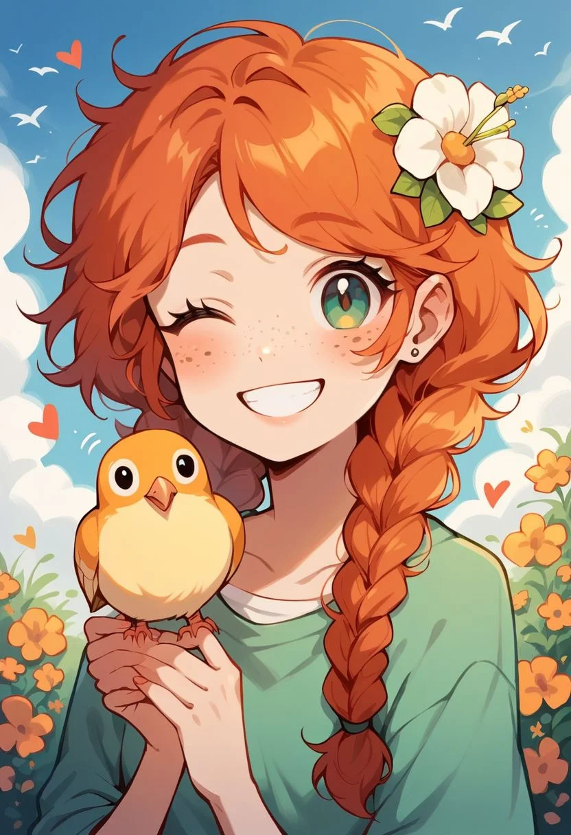 score_9, score_8_up, score_7_up, score_6_up, <lora:p3tl0v3XLP:1> p3tl0v3, 1girl, 22yo, redhead, freckles, cute smile, Flower woven braids, bird on shoulder, cockatials, kawaii, cute, winking