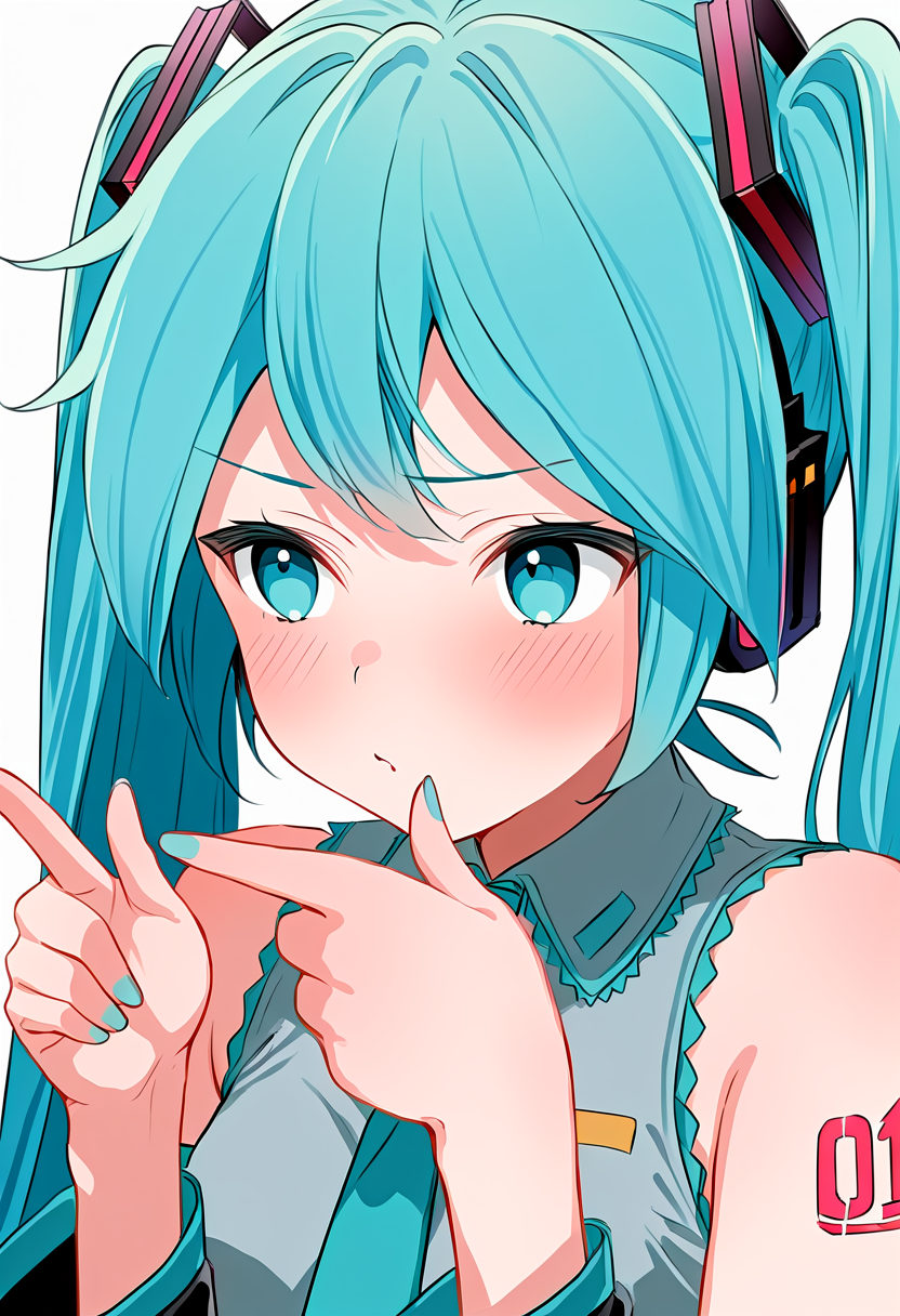 masterpiece, high quality, best quality, 1girl, hatsune miku, finger spin, upper body, simple background, pointing, blush, <lora:Rikkas_Finger_Spin_-_finger_twirl:1>