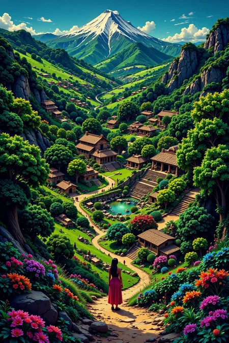 mayan village beautiful landscape, noon, woman, very intricate, very detailed, sharp, bright, colorful, <lora:Hand v2:0.5> <lora:Anti-Blur:1><lora:Insane Detail Slider:0.25> <lora:flux.1_lora_flyway_Epic-detail_v2:0.3> <lora:fluxenhancer:0.25> <lora:ck-Neon-Retrowave:0.4> ck-rw, in the style of ck-rw, <lora:Neurocore Anime Cyberpunk:0.8> A digital artwork in the style of cknc