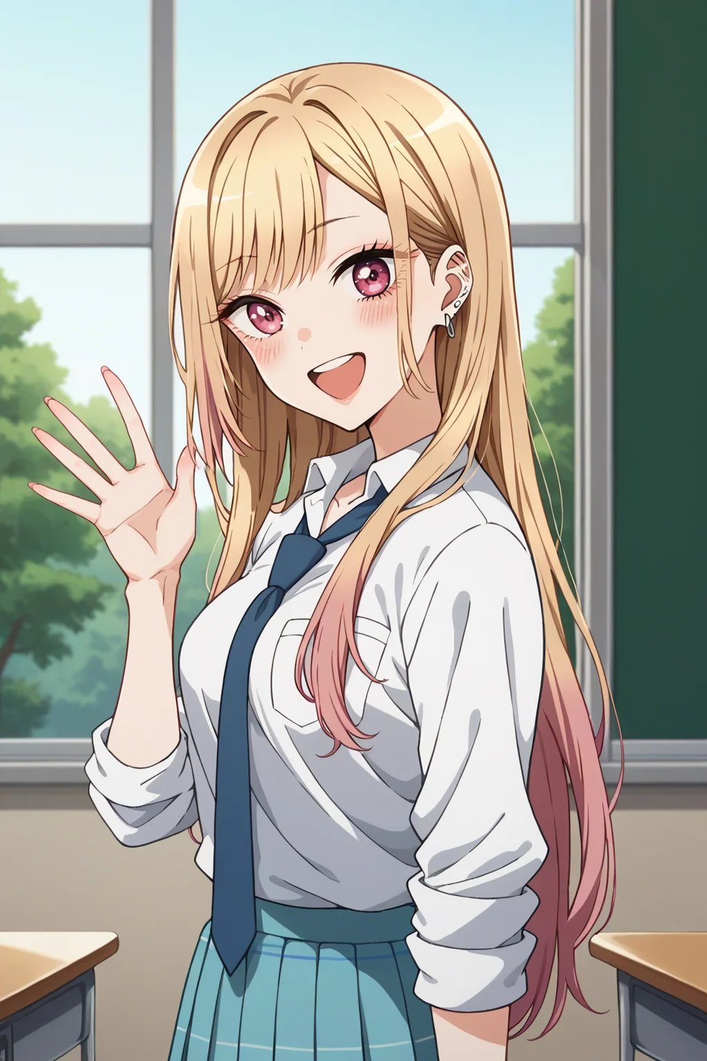 score_9, score_8_up, score_7_up, 1girl, prefect lighting, very aesthetic, intricate details, highly detailed background, masterpiece, high quality, prefect hands, best quality, solo,
<lora:Marin_Dress_up_Darling_V2:.85>, KJOmarin, blonde hair, long hair, pink eyes, earrings, ear piercing, multicolored hair,
collared shirt, sleeves rolled up, loose necktie, blue pleated skirt,
waving, from side, open mouth, smile, blush, looking at viewer,
school, window, sunny, tree, classroom,
(Beautiful, medium Breasts:1.2), natural breasts,