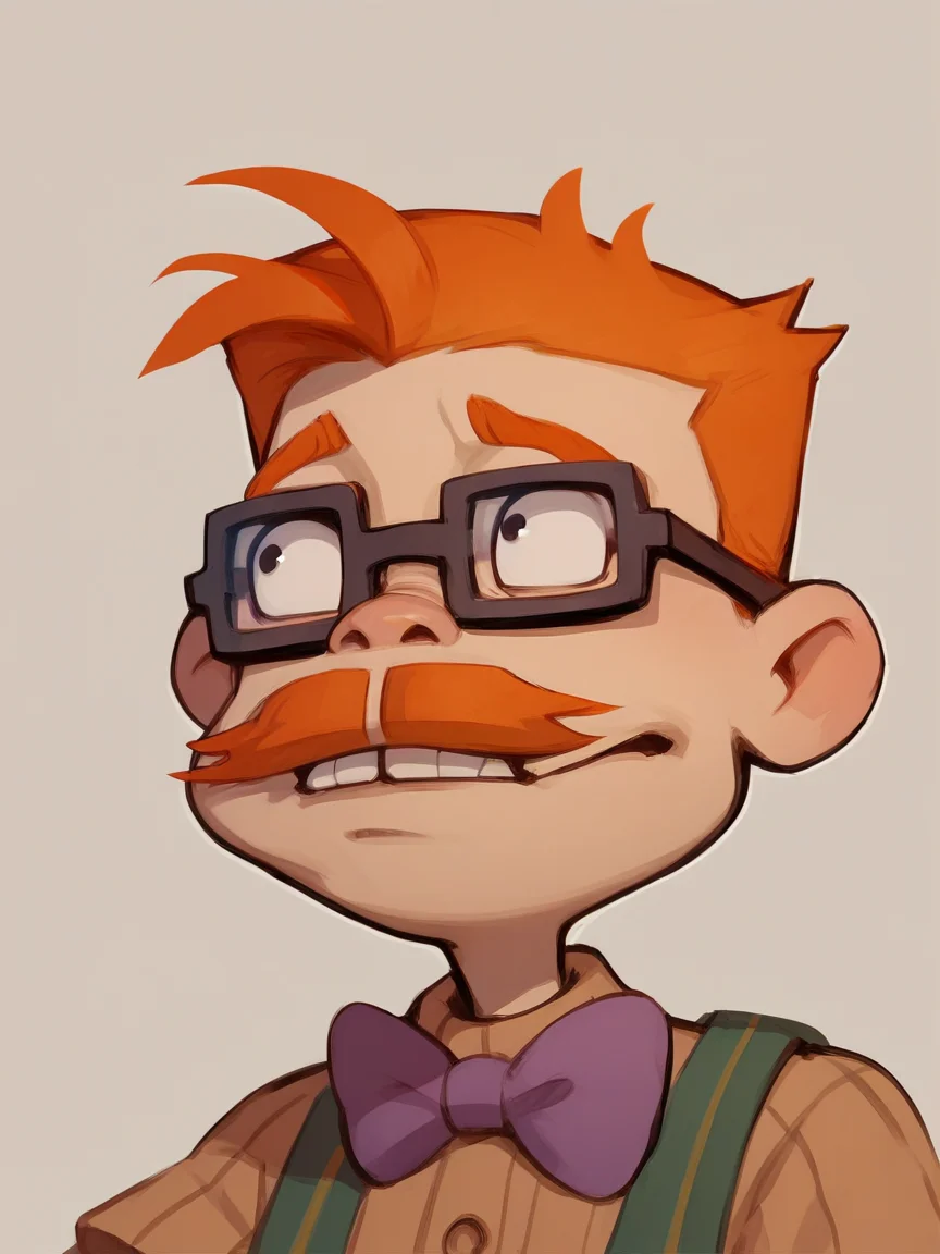 score_9, score_8_up, score_7_up, score_6_up, score_5_up, <lora:chasfinsterXLP:1> chas finster, 1boy, bowtie, glasses, mustache, orange hair,