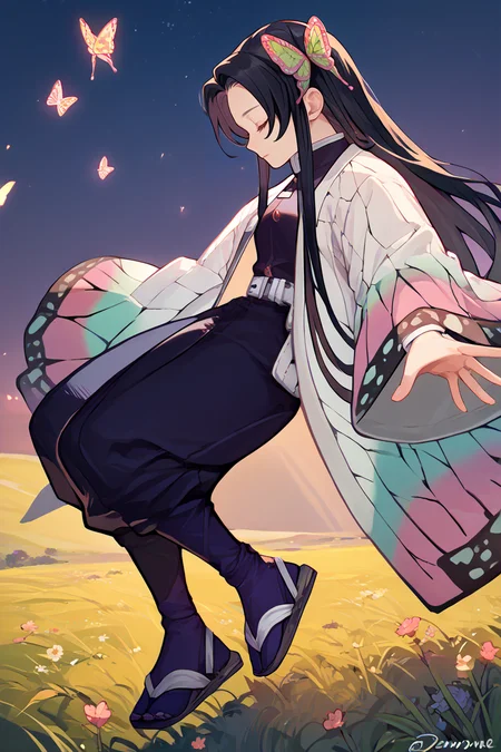 score_9, score_8_up, score_7_up, score_6_up, source_anime, 1girl, solo, <lora:dskanae-pdxl-nvwls-v1-000005:1> dsKanae, black hair, long hair, butterfly hair ornament, black shirt, white coat, wide sleeves, white belt, black pants, sandals, profile, closed eyes, outstretched arms, night sky, field