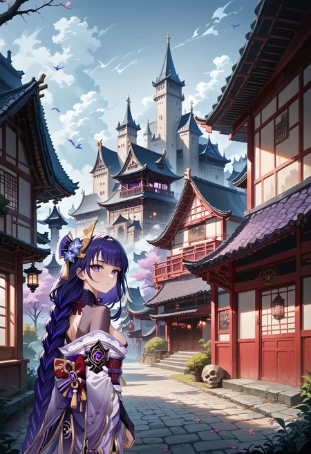 score_9, score_8_up, score_7_up, 1girl, outdoors, (raiden_shogun, genshin_impact, purple_hair, purple_eyes), japanese town, embedding:c4stl3